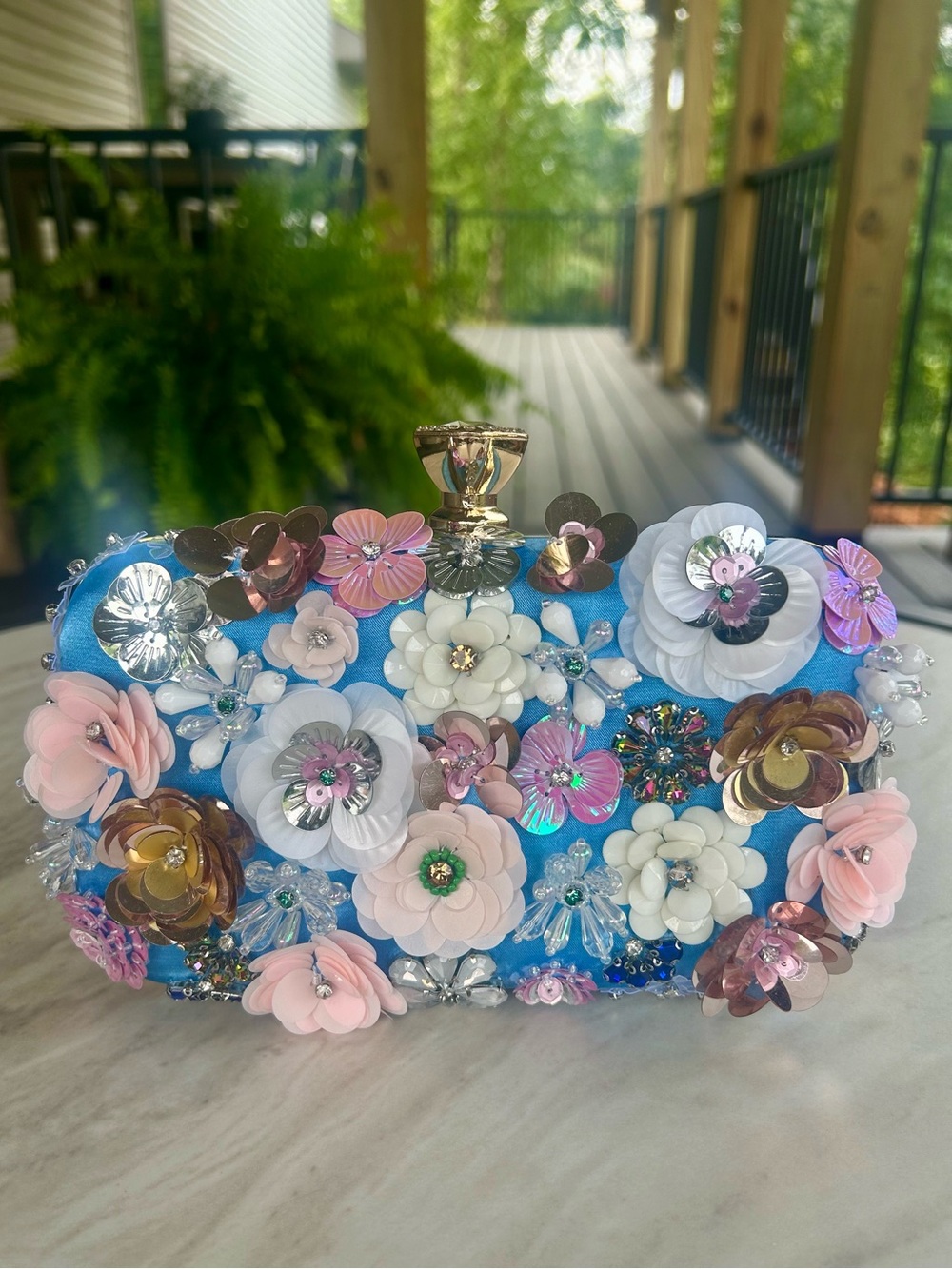 NWT Bebe Daisy Clutch Blue Satin Floral 3D Sequin Embellished Evening Bag